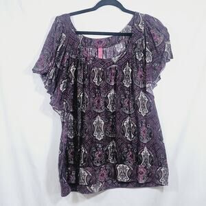Pure Energy Purple Flutter Sleeve Top Size 3X Boho Lightweight Casual